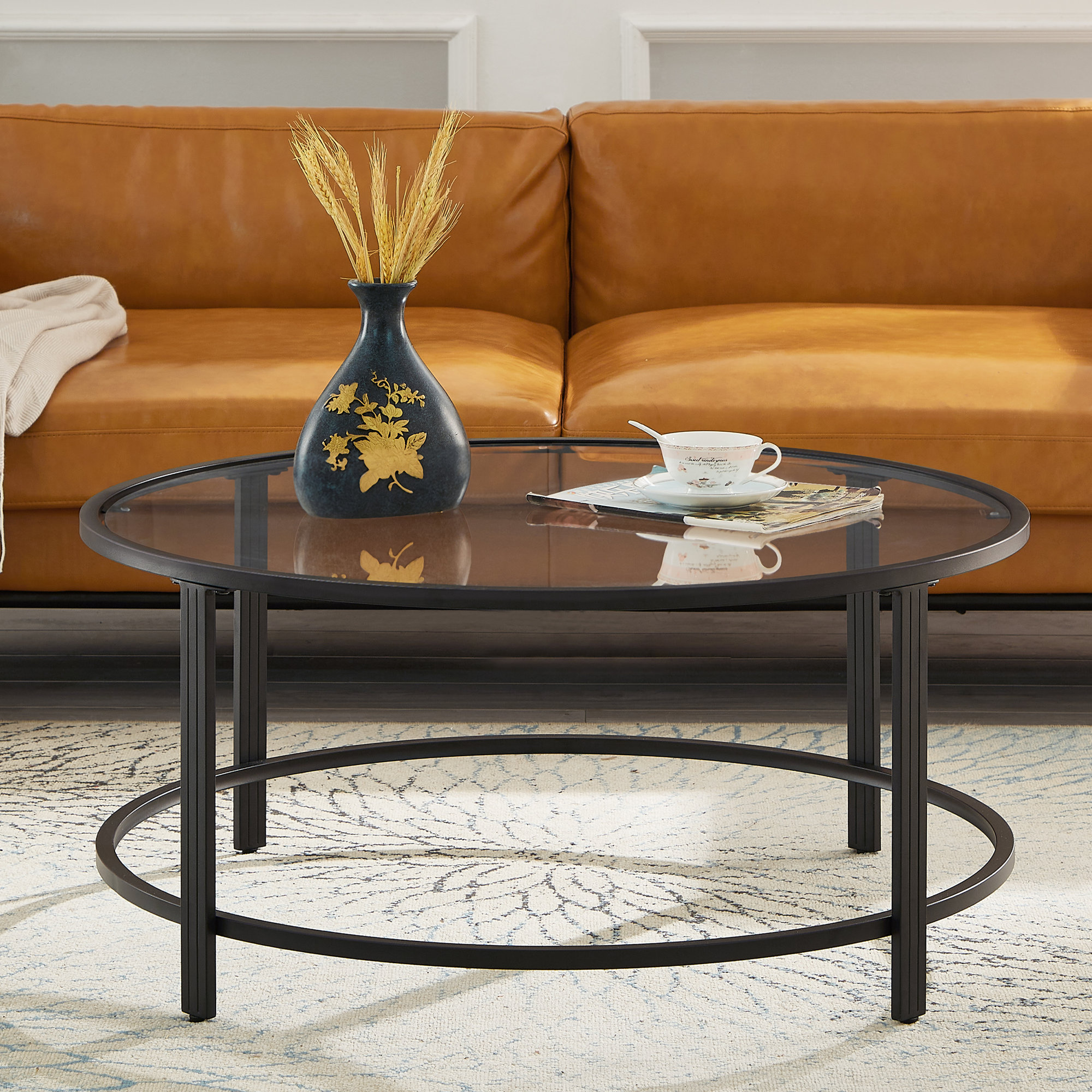 Ebern Designs Faidon 36" Round Glass Top Coffee Table For Living Room ...